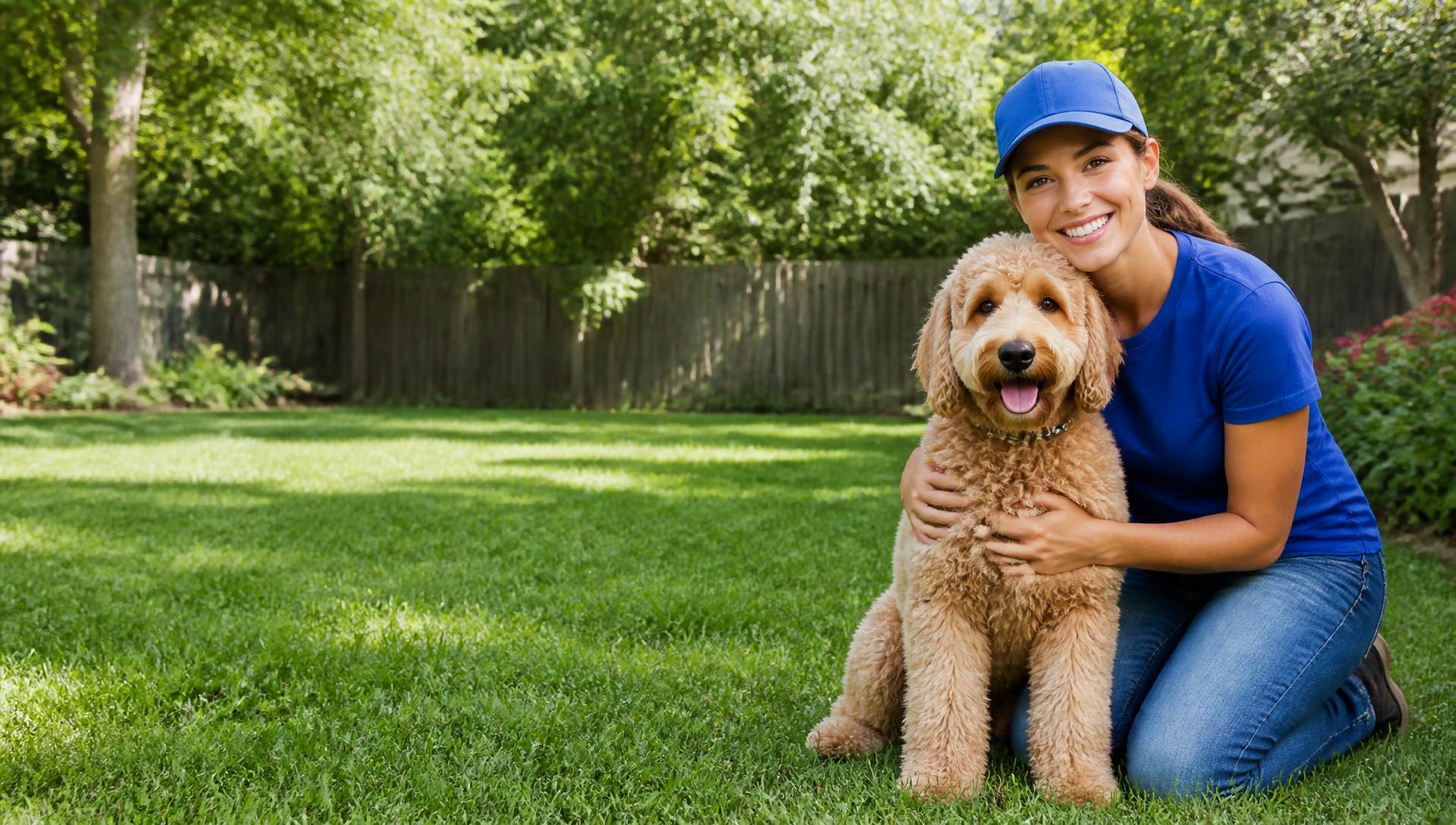 Scoop & Scoot team member with a goldendoodle in a clean backyard